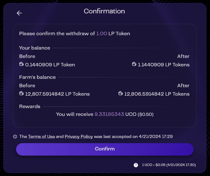 Withdraw LP Tokens and Claim Rewards confirm