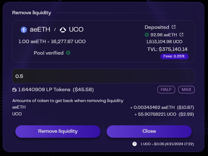 Remove liquidity form